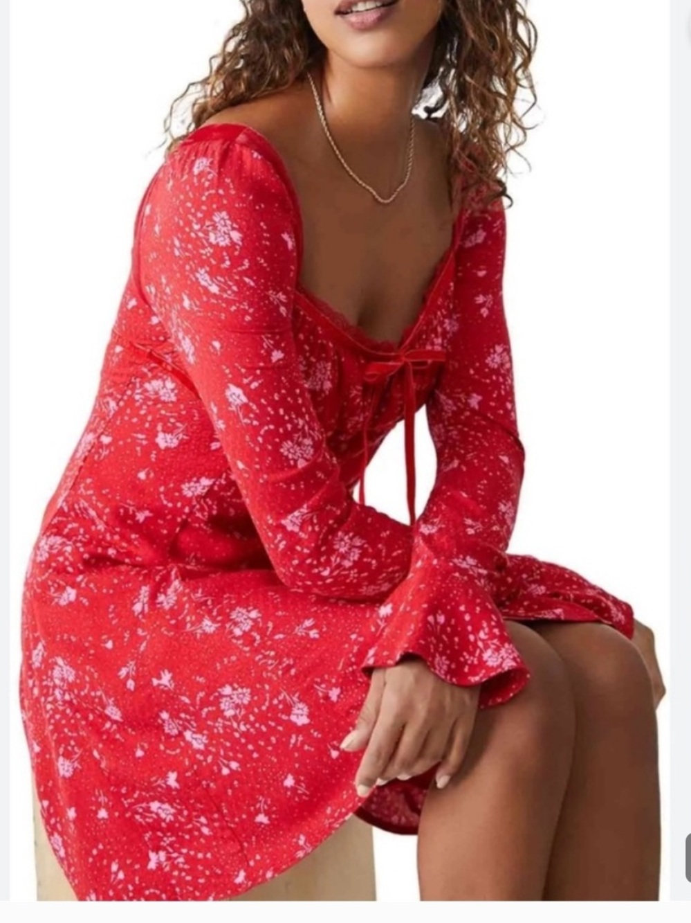 FREE PEOPLE TESS RED FLORAL VELVET LONG SLEEVE MINI DRESS SMALL - Picture 3 of 9